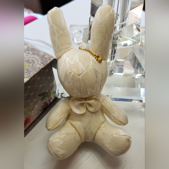 "M" Bunny Cream with Bow Tie Key Chain Book Bag Tag - Picture 2 of 5